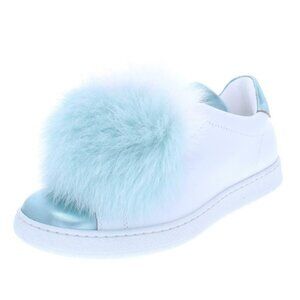 Joshua*s Blue/White Gomma Leather Fur Pom Pom Sneakers Size 8M